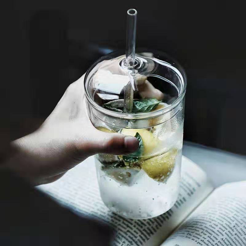 Wholesale household high borosilicate transparent glass straw water cup student lemon juice cup office Cup