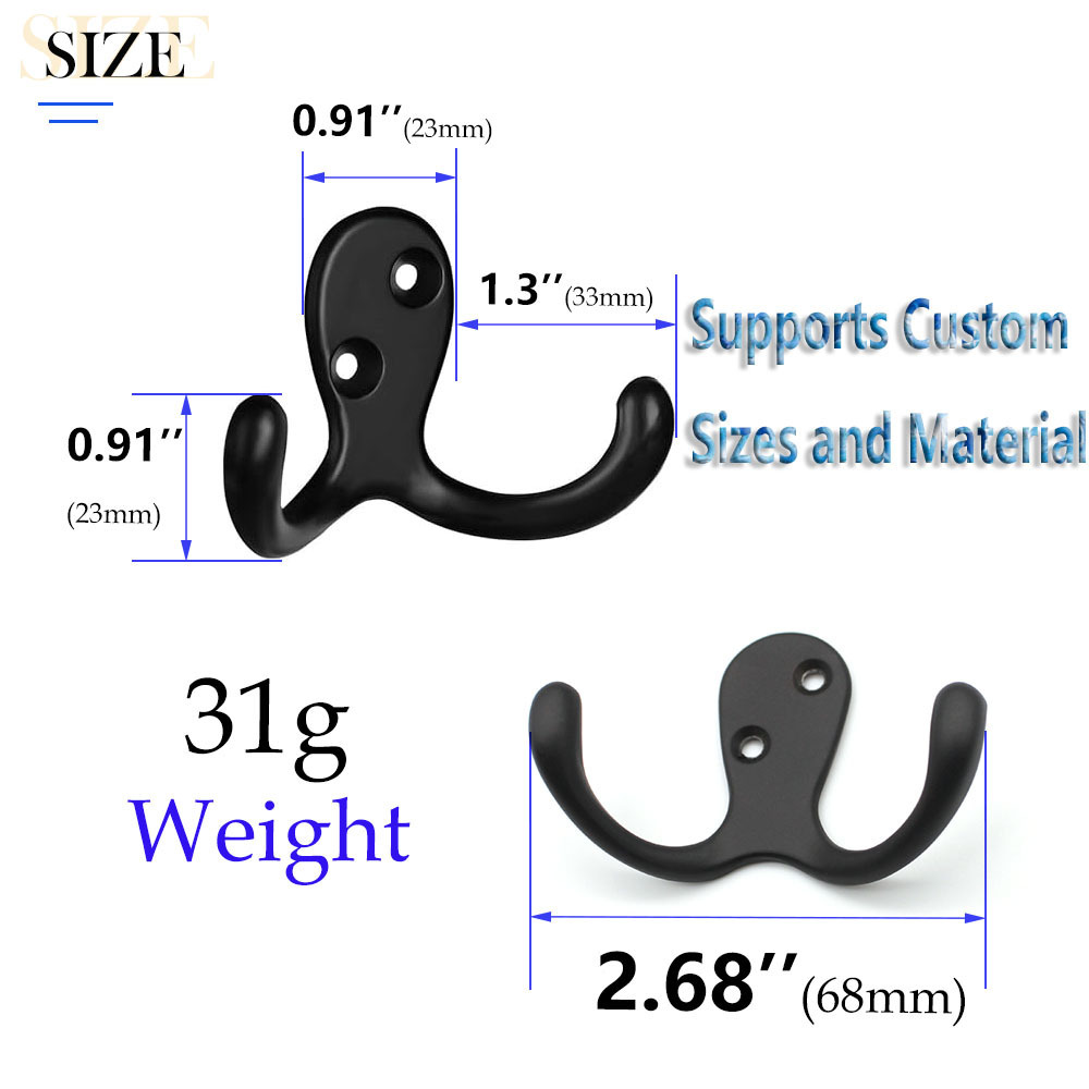 Modern Style Zinc Alloy Metal Black Silver Cloth Coat Wall Hooks Hangers Heavy Duty Wall Mounted Double Prongs Wall Hooks