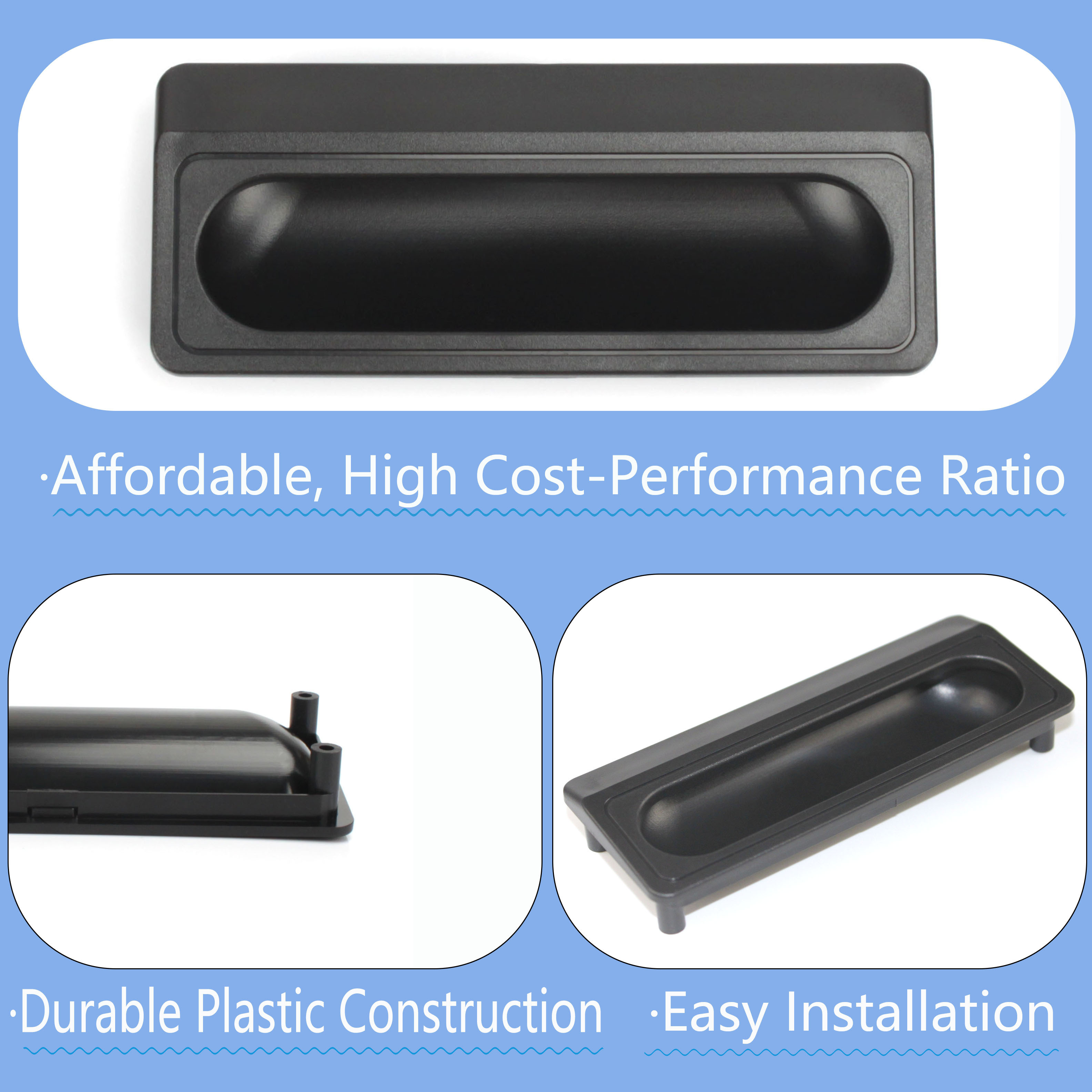 Rectangular Flush Pull Equipment Snap-In ABS PP Material Black Plastic Embedded Handles Recessed Dark Cabinet Door Handle