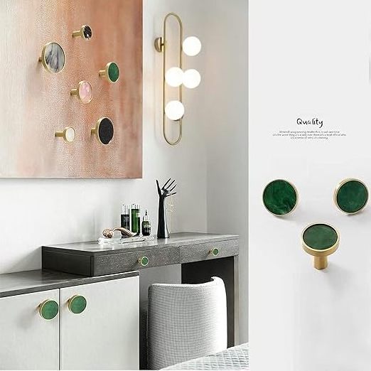 Decorative White Shell Round Kitchen Cabinet Knobs and Pulls Brushed Brass Marble Drawer Cupboard Door Pulls Handles