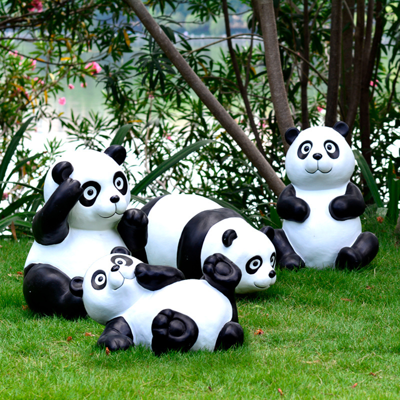 Cartoon Panda Statue Playing Football Figurine Large Fiberglass Polyresin Animal Sculpture for Outdoor Garden Decoration