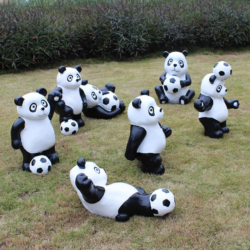 Cartoon Panda Statue Playing Football Figurine Large Fiberglass Polyresin Animal Sculpture for Outdoor Garden Decoration