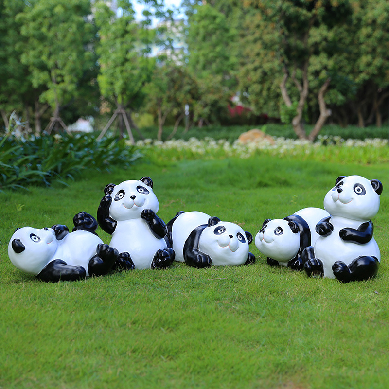 Cartoon Panda Statue Playing Football Figurine Large Fiberglass Polyresin Animal Sculpture for Outdoor Garden Decoration