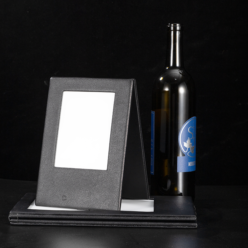 Unique design Leather waterproof menu holder Led illuminated 2 view table tent