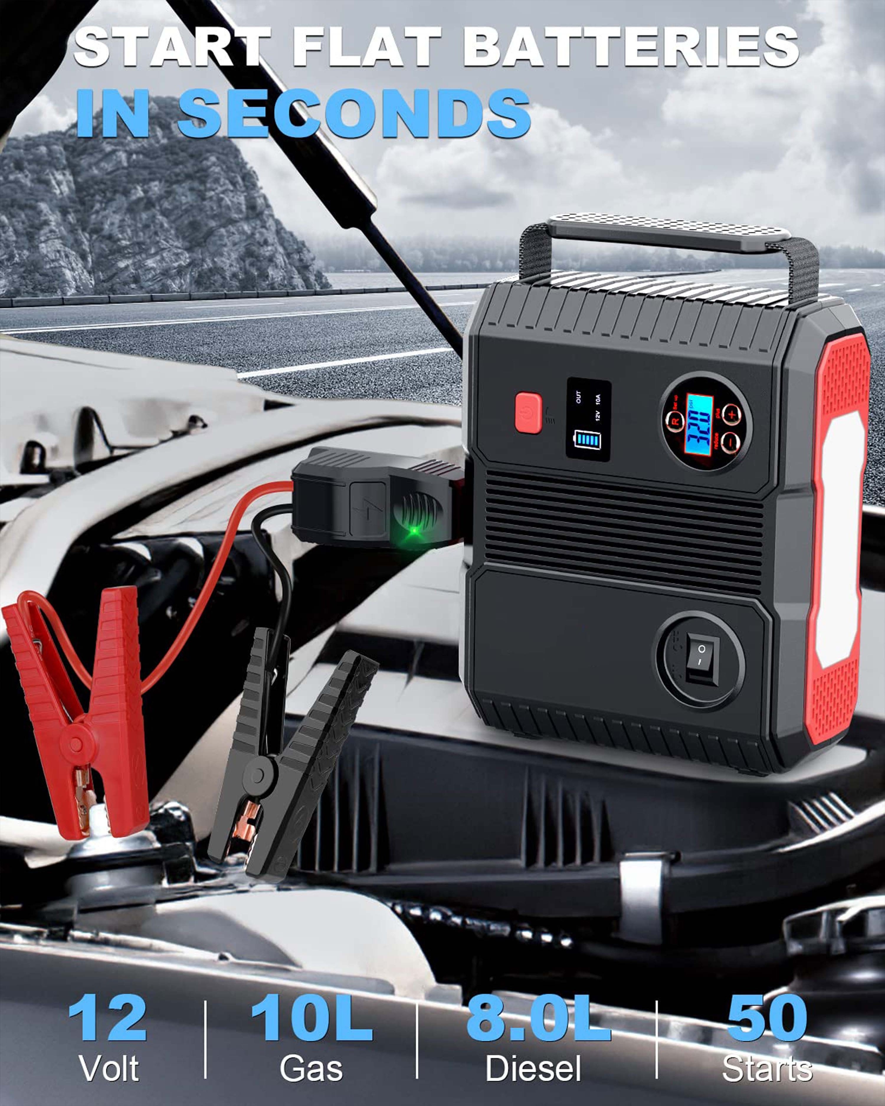 Car Battery Charger 150 Psi Tire Car Portable Jump Starter 3000A  For Outdoor Emergency Rescue Jump Starter With Air Compressor