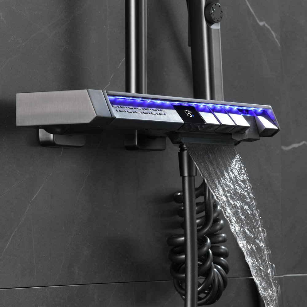 HANC digital display smart mixer with LED light 5 function piano button shower gun metal thermostatic shower set