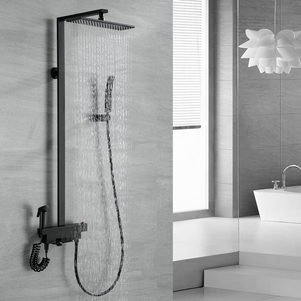 Push Button 4 function thermostatic shower mixer with  hand bidet black bathroom shower set