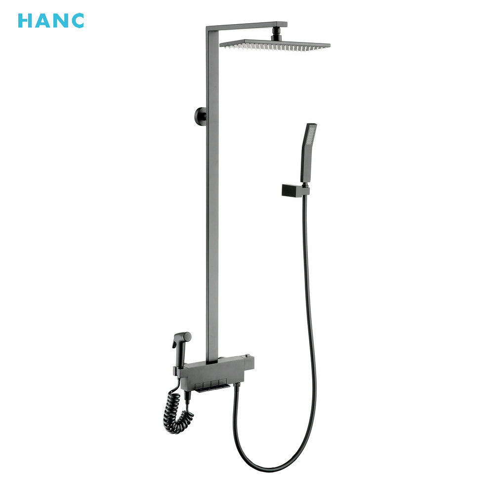 Push Button 4 function thermostatic shower mixer with  hand bidet black bathroom shower set