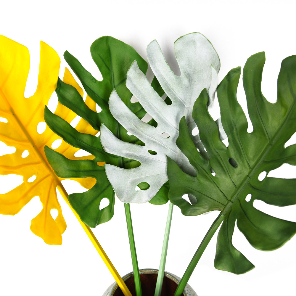 Long stem plastic tropical green palm leaves artificial monstera leaves for decoration