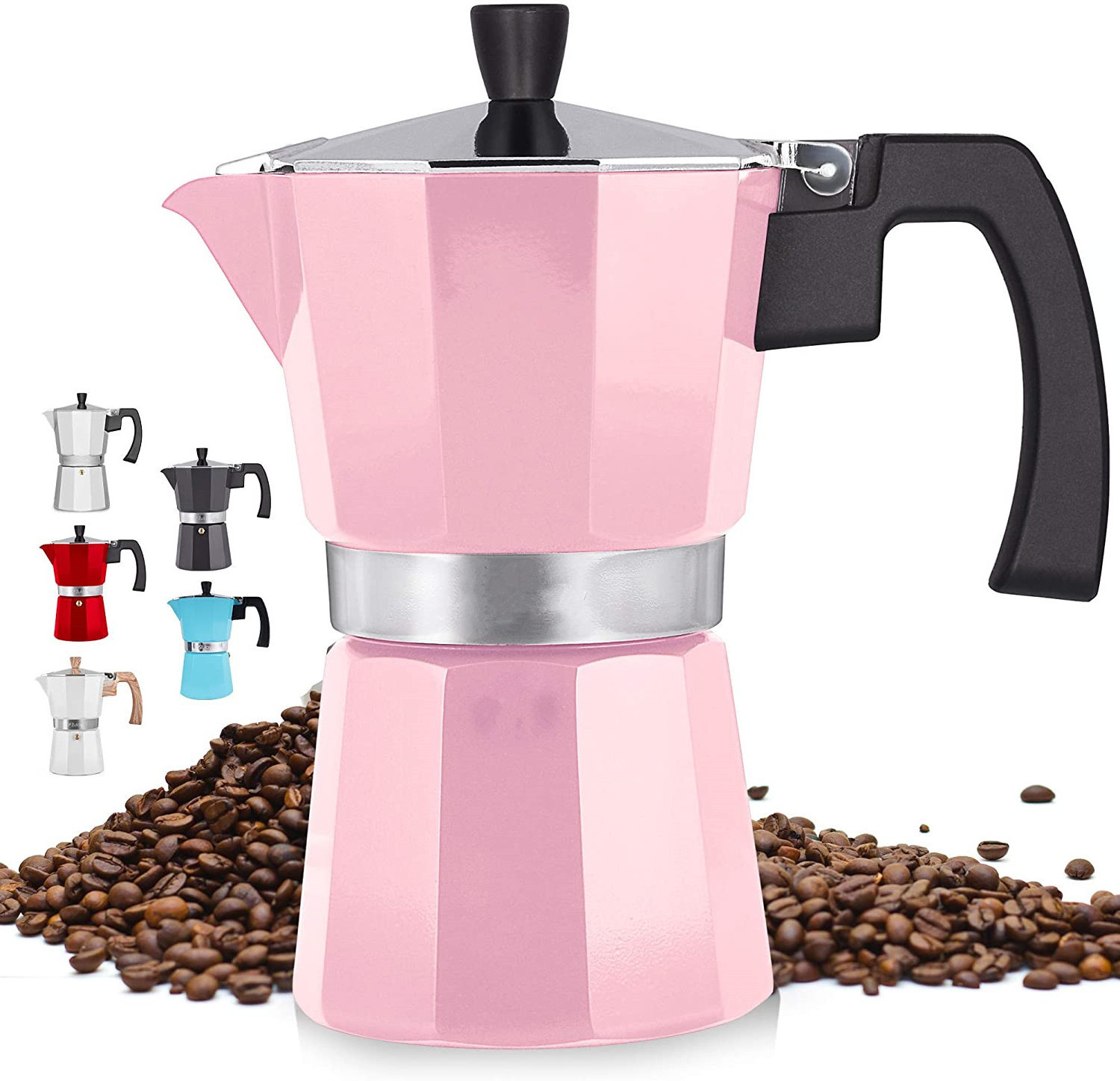 Factory Price Classic Espresso aluminum coffee maker Italian Style 3/6/9/12cups Espresso Cup Moka Pot with wood handle pink