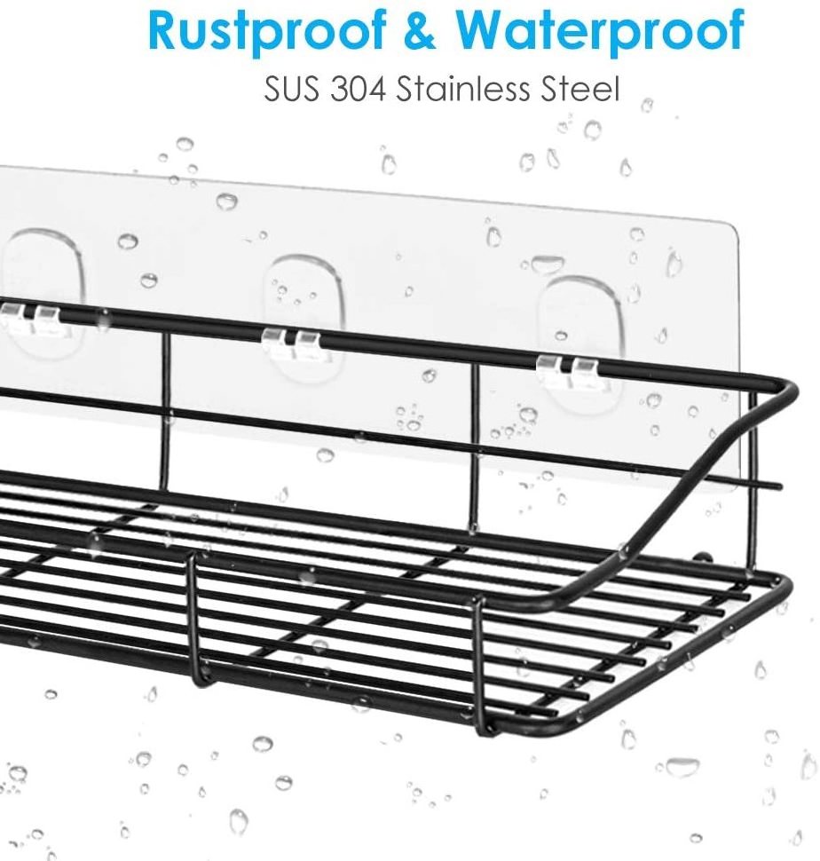 Adhesive Bathroom Shelf with Hooks Shower Organizer Caddy Kitchen Spice Rack Wall Mounted No Drilling 304 Stainless Steel black