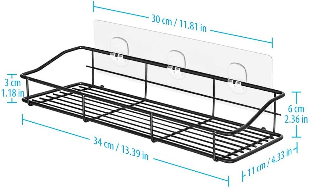 Adhesive Bathroom Shelf with Hooks Shower Organizer Caddy Kitchen Spice Rack Wall Mounted No Drilling 304 Stainless Steel black