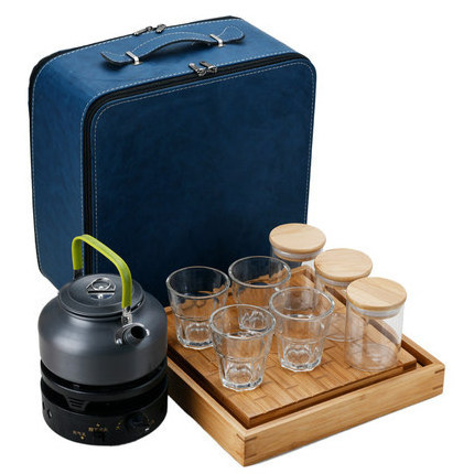 Outdoor Hot Selling Glass Tea Set with wood tray 304 stainless steel Teapot With stove coffee travel gift set