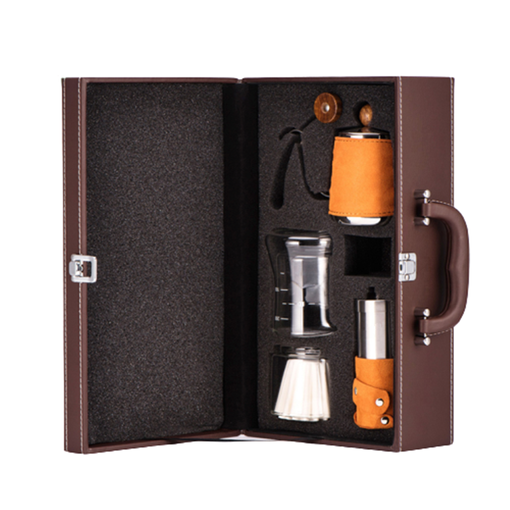 Premium gift box outdoor travel drip coffee set with manual coffee grinder filter Kettle Hand pot leather gift sets coffee sets