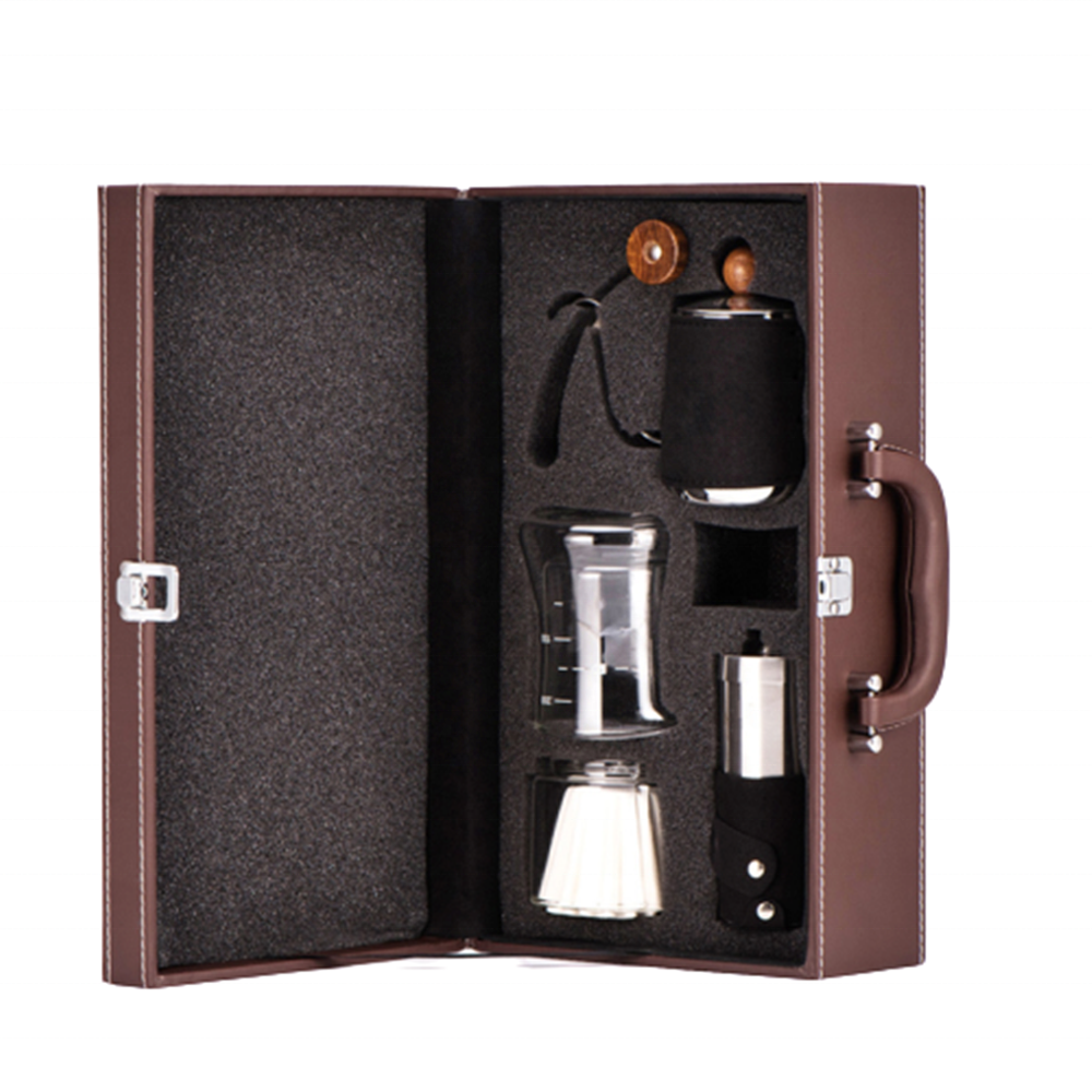 Premium gift box outdoor travel drip coffee set with manual coffee grinder filter Kettle Hand pot leather gift sets coffee sets