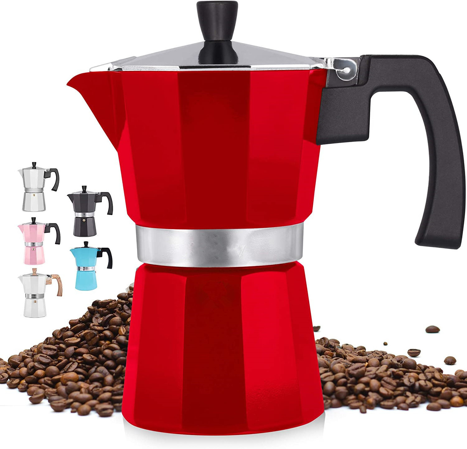 Factory Price Classic Espresso aluminum coffee maker Italian Style 1/3/6/9/12cups Espresso Cup Moka Pot with wood handle red