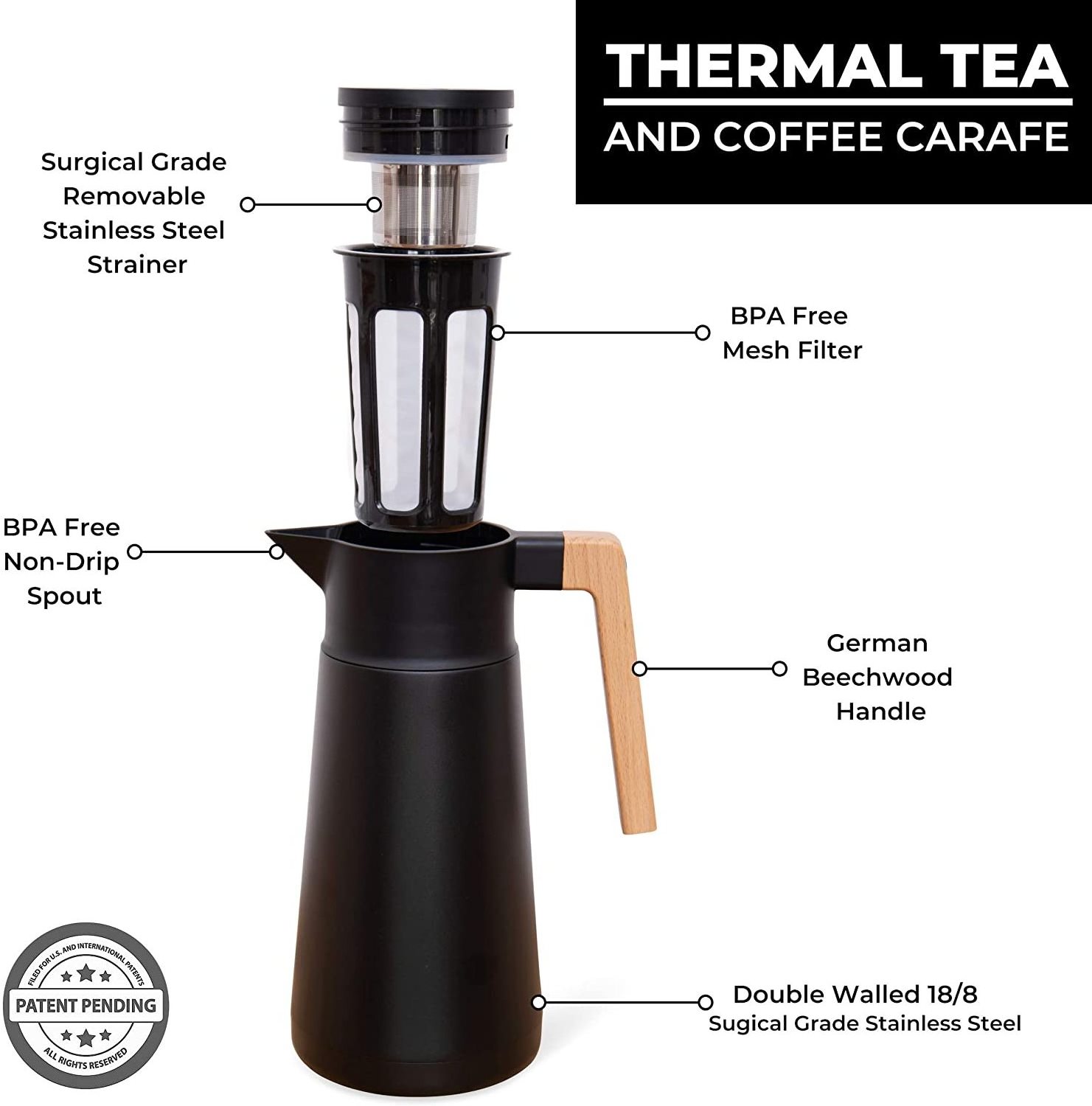 68oz Large Thermal Coffee Carafe Stainless Steel Double Walled Vacuum Pots For Coffee and Teas With Strainer and wood handle