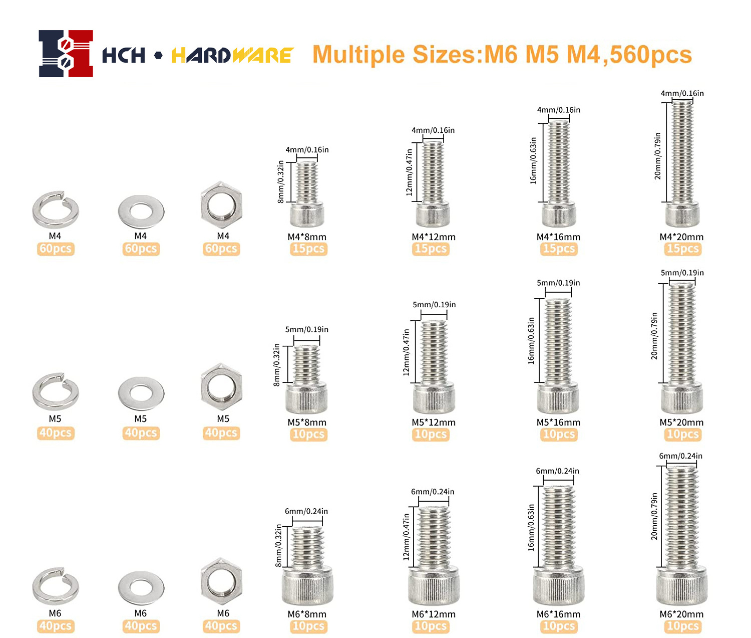 newlng Nuts and Bolts M3 M4 M5 M6 Screws and Nuts Kit 304 Stainless Steel hex socket round head bolt