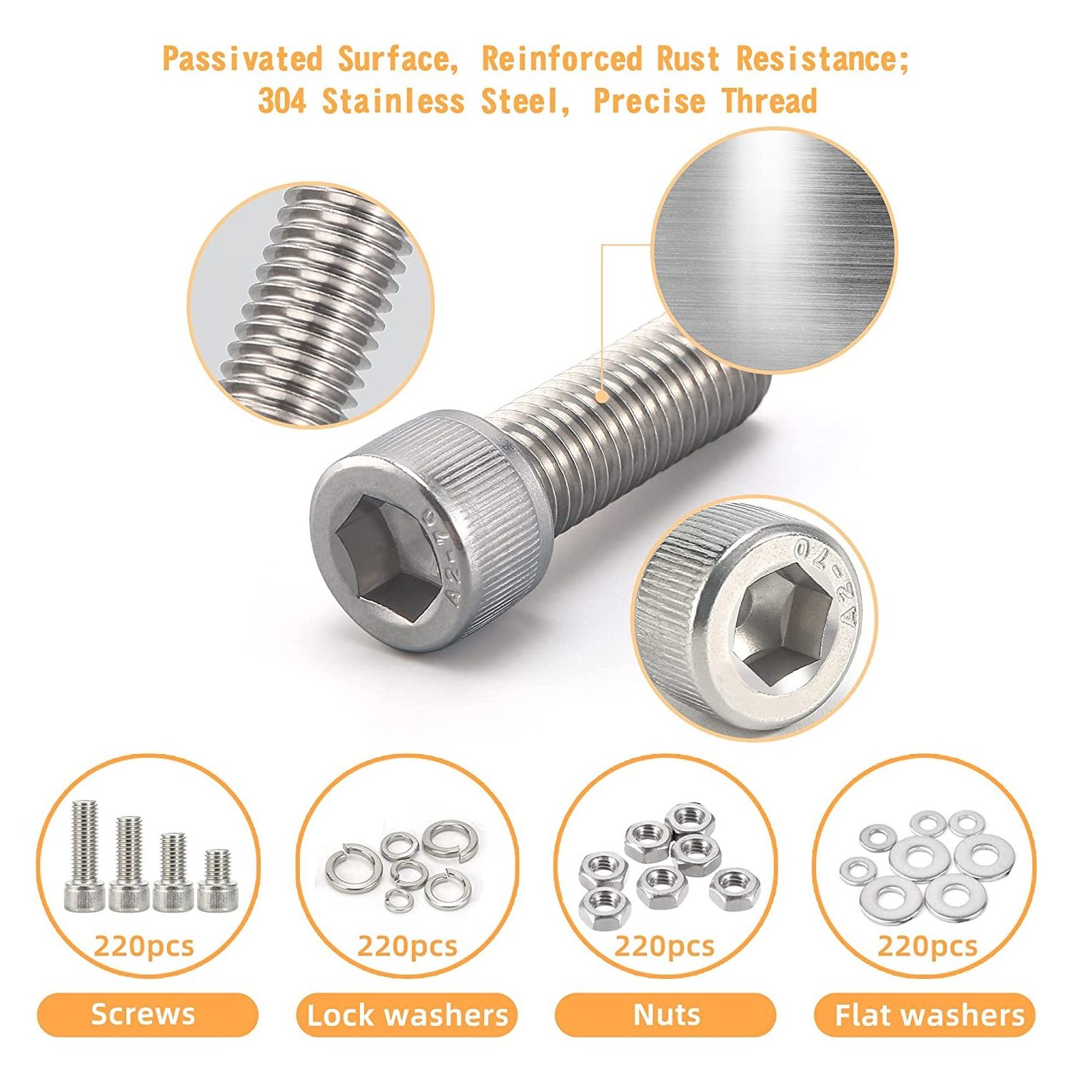 newlng Nuts and Bolts M3 M4 M5 M6 Screws and Nuts Kit 304 Stainless Steel hex socket round head bolt