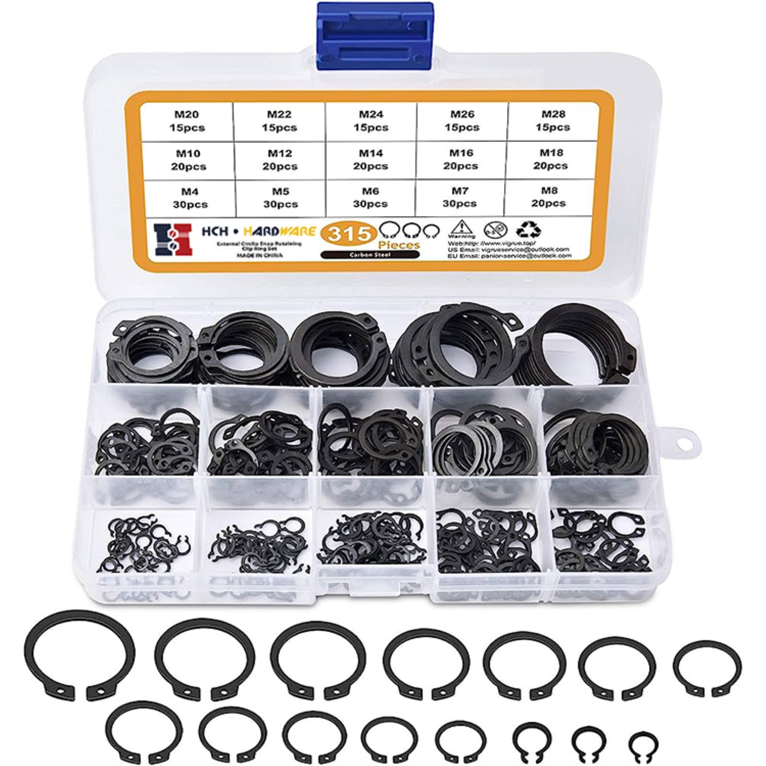 315pc/set Assortment Kit 15 sizes M4 to M28 Black Carbon Steel Shaft External Retaining Ring Washer C Clip Snap Circlip