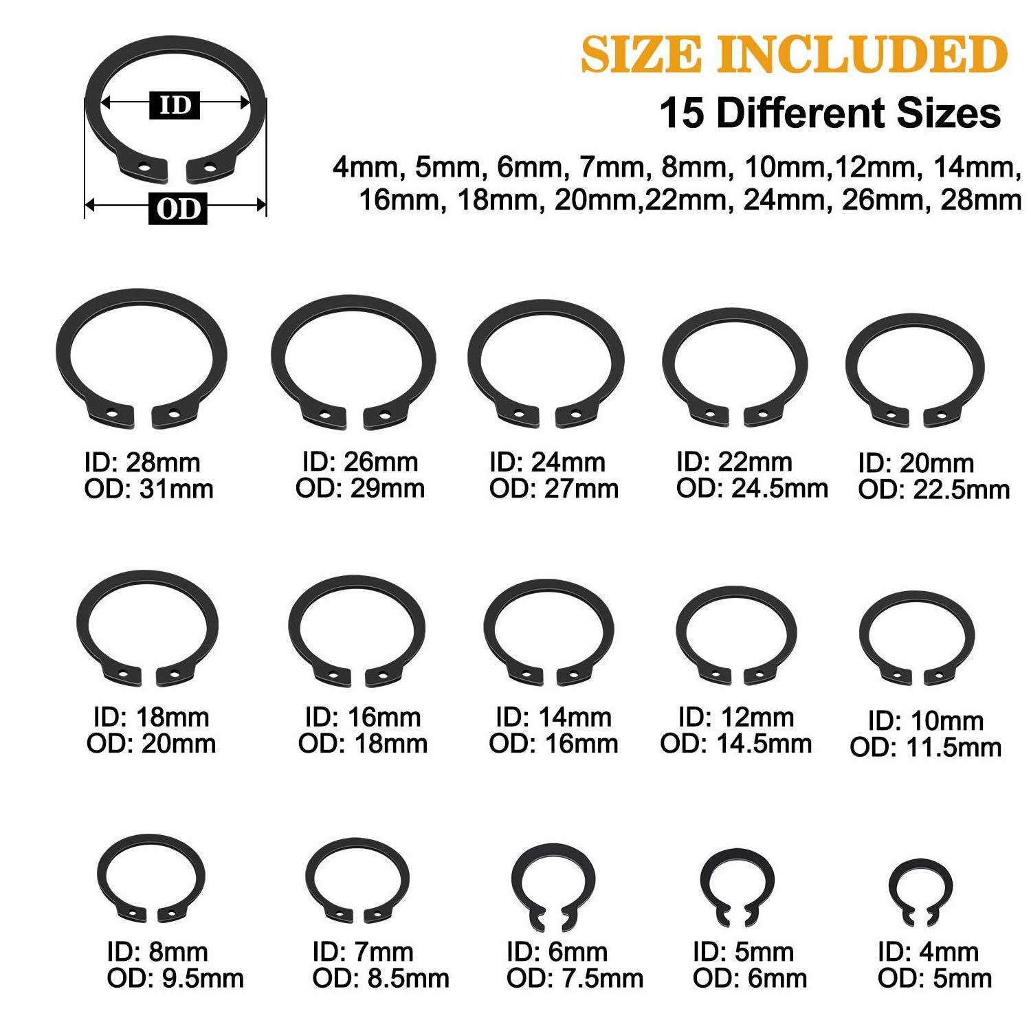 315pc/set Assortment Kit 15 sizes M4 to M28 Black Carbon Steel Shaft External Retaining Ring Washer C Clip Snap Circlip