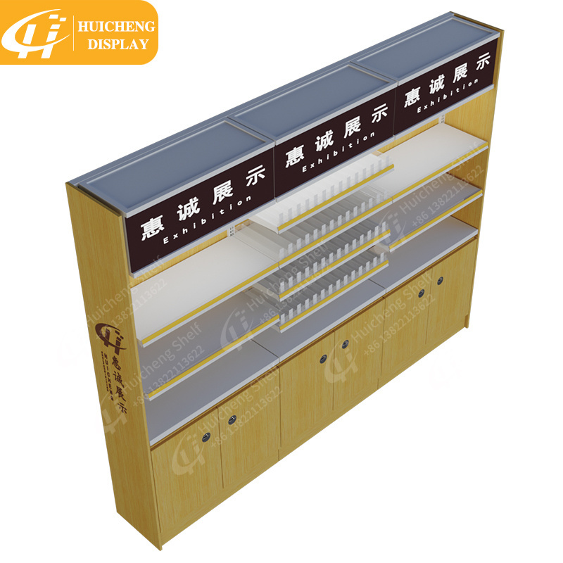 Customized Steel and wood structure by the wall shelf for cigarette display rack tobacco display cabinet