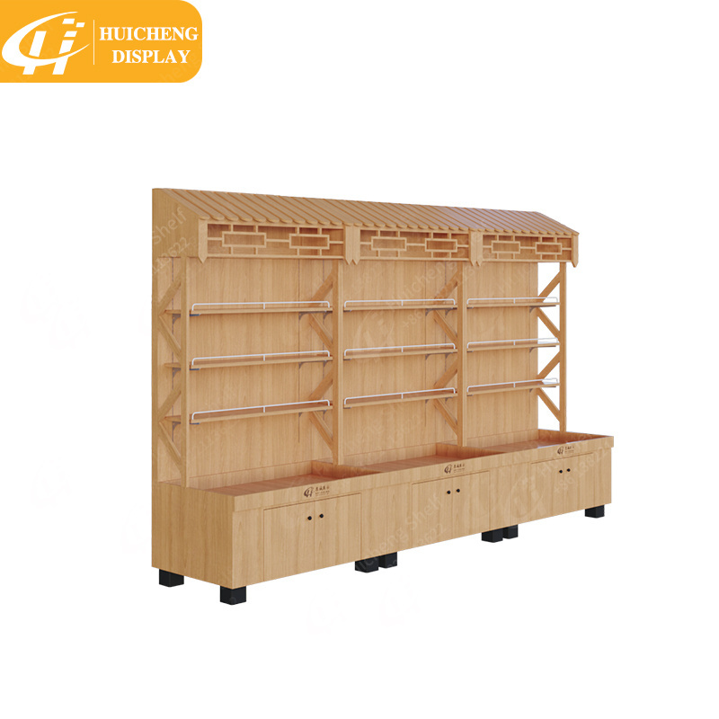 Customized Factory price  Boutique store design supermarket wooden wall mounted display rack gondola shelving with metal stopper