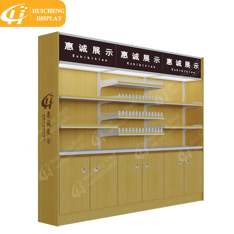 Customized Steel and wood structure by the wall shelf for cigarette display rack tobacco display cabinet