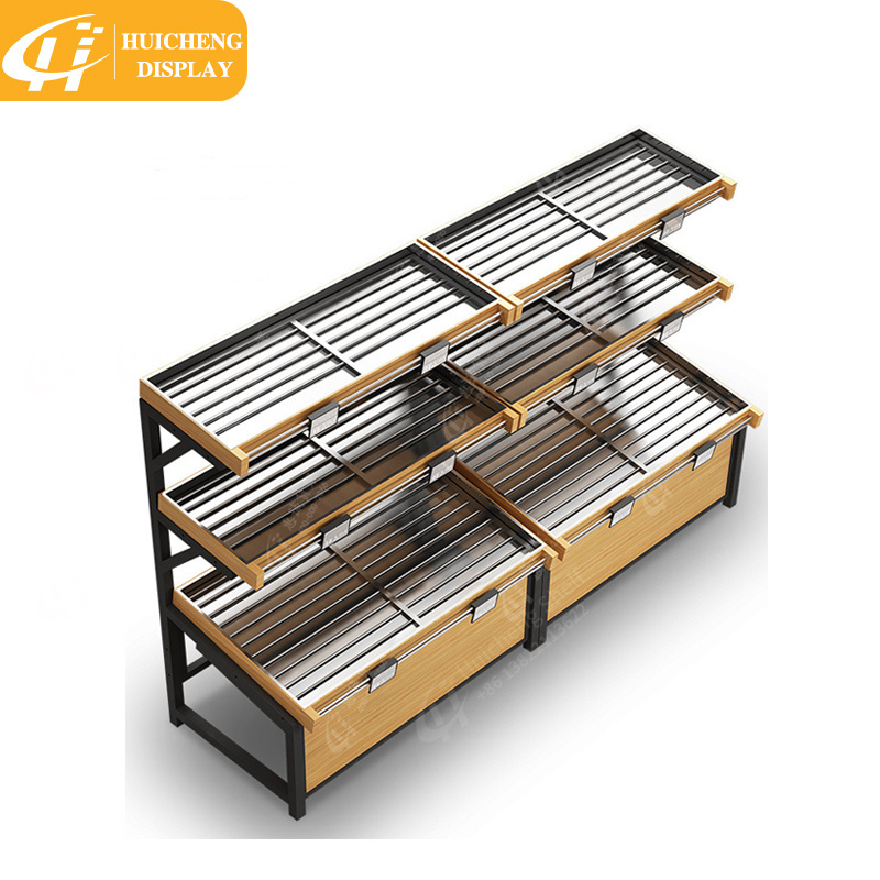 Single-sided vegetable display shelf with stainless steel trays big load-bearing supermarket fruit display vegetable rack