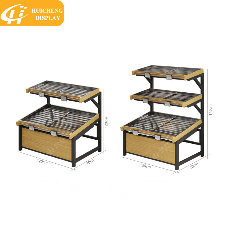 Single-sided vegetable display shelf with stainless steel trays big load-bearing supermarket fruit display vegetable rack