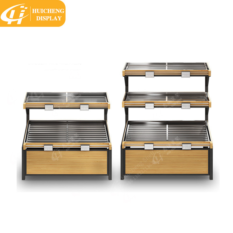 Single-sided vegetable display shelf with stainless steel trays big load-bearing supermarket fruit display vegetable rack