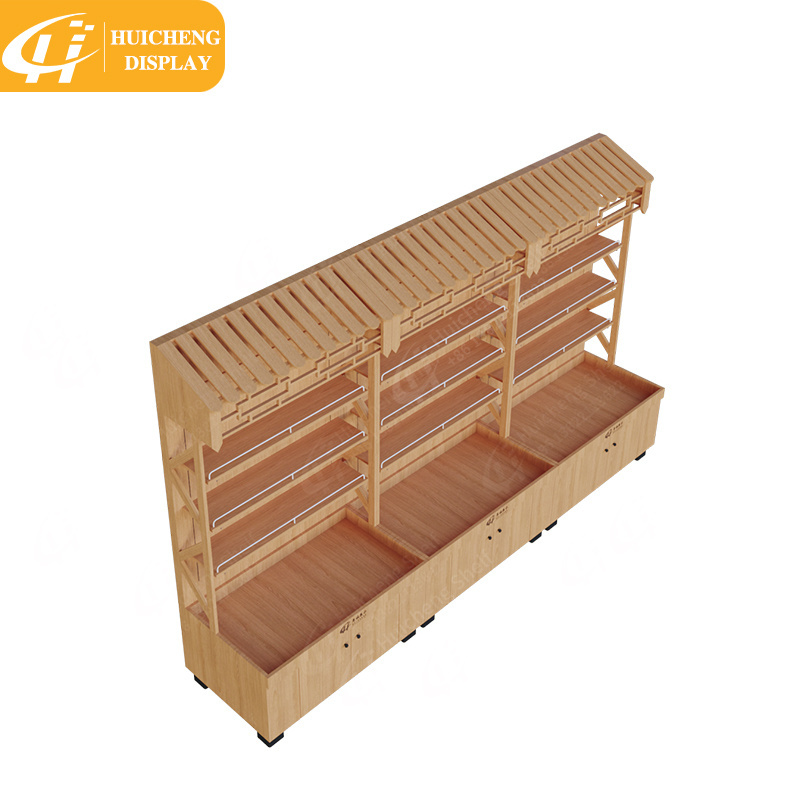 Customized Factory price  Boutique store design supermarket wooden wall mounted display rack gondola shelving with metal stopper