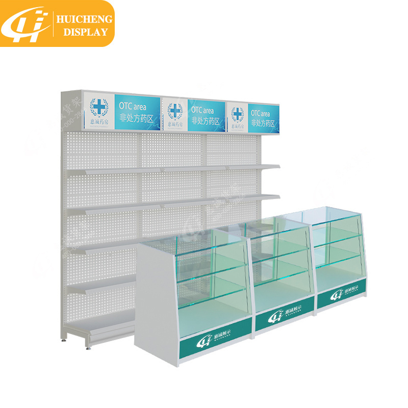 Customized Drugstore metal wall shelf single side pharmacy shelves display rack display showcase cabinet