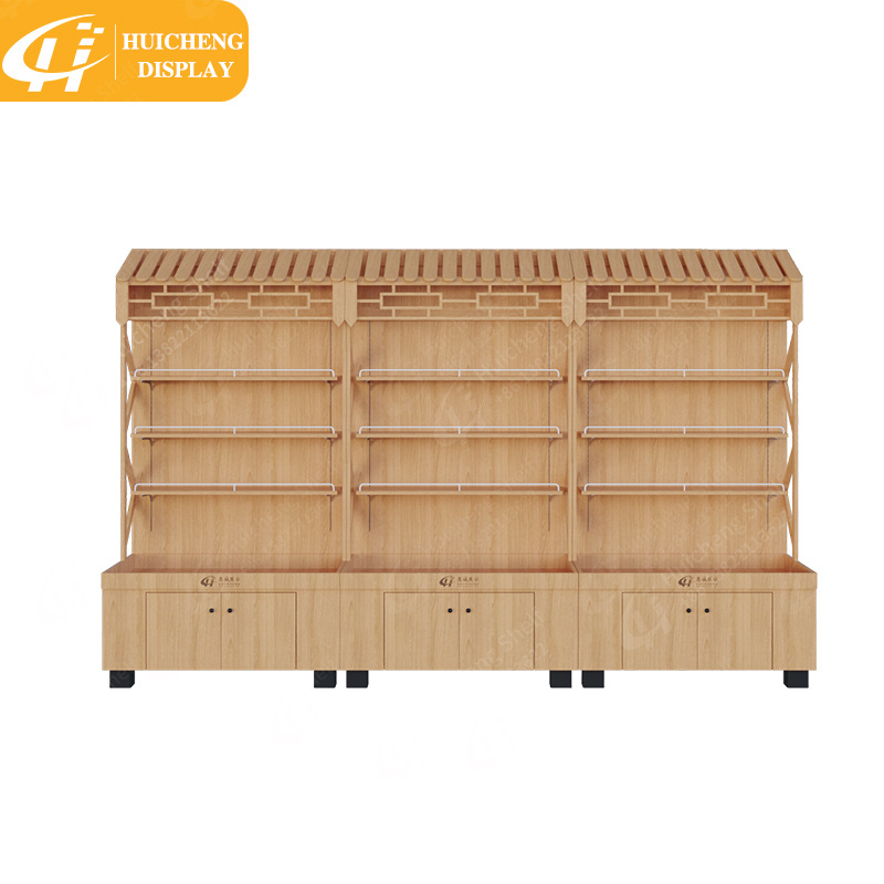 Customized Factory price  Boutique store design supermarket wooden wall mounted display rack gondola shelving with metal stopper