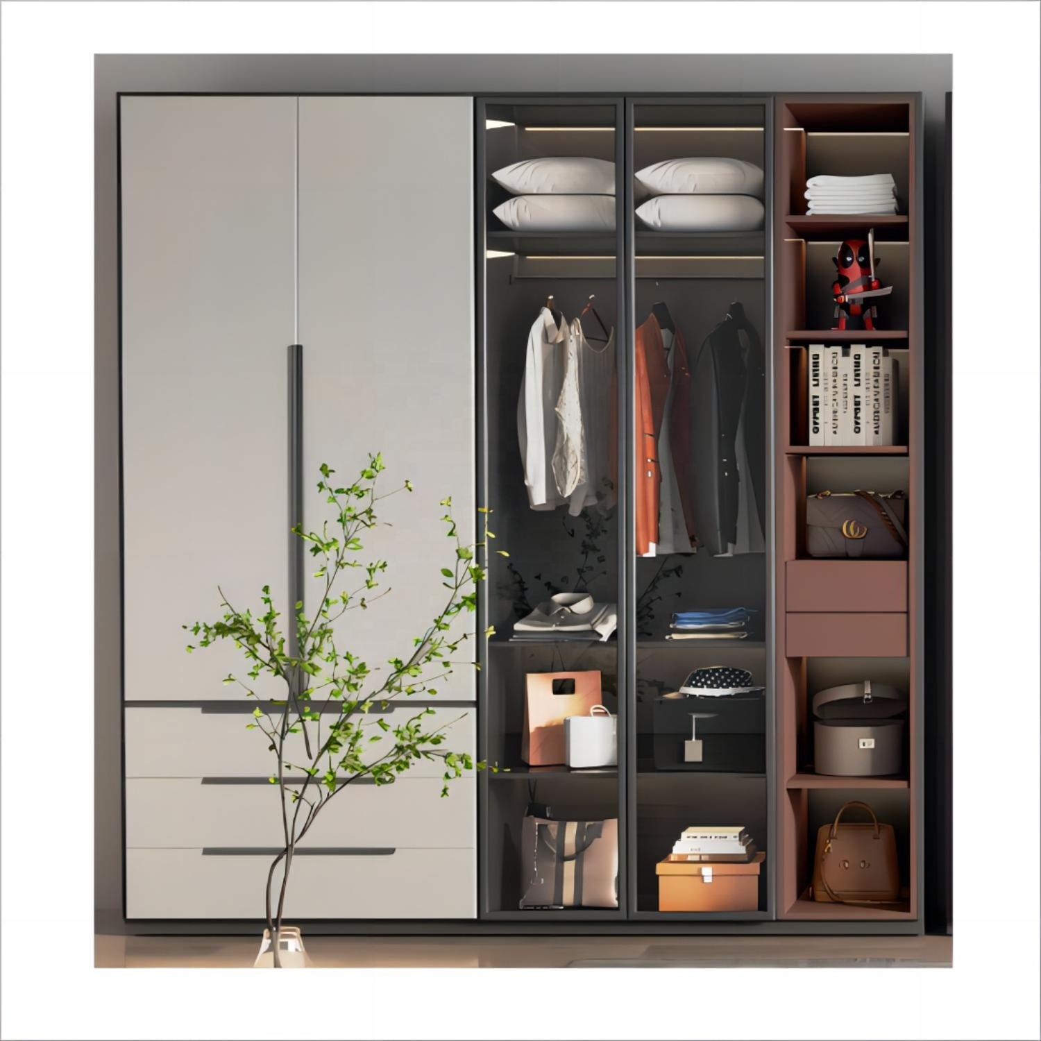 Bedroom furniture modular wooden custom design walk in closet wardrobes cloakroom black glass wardrobe