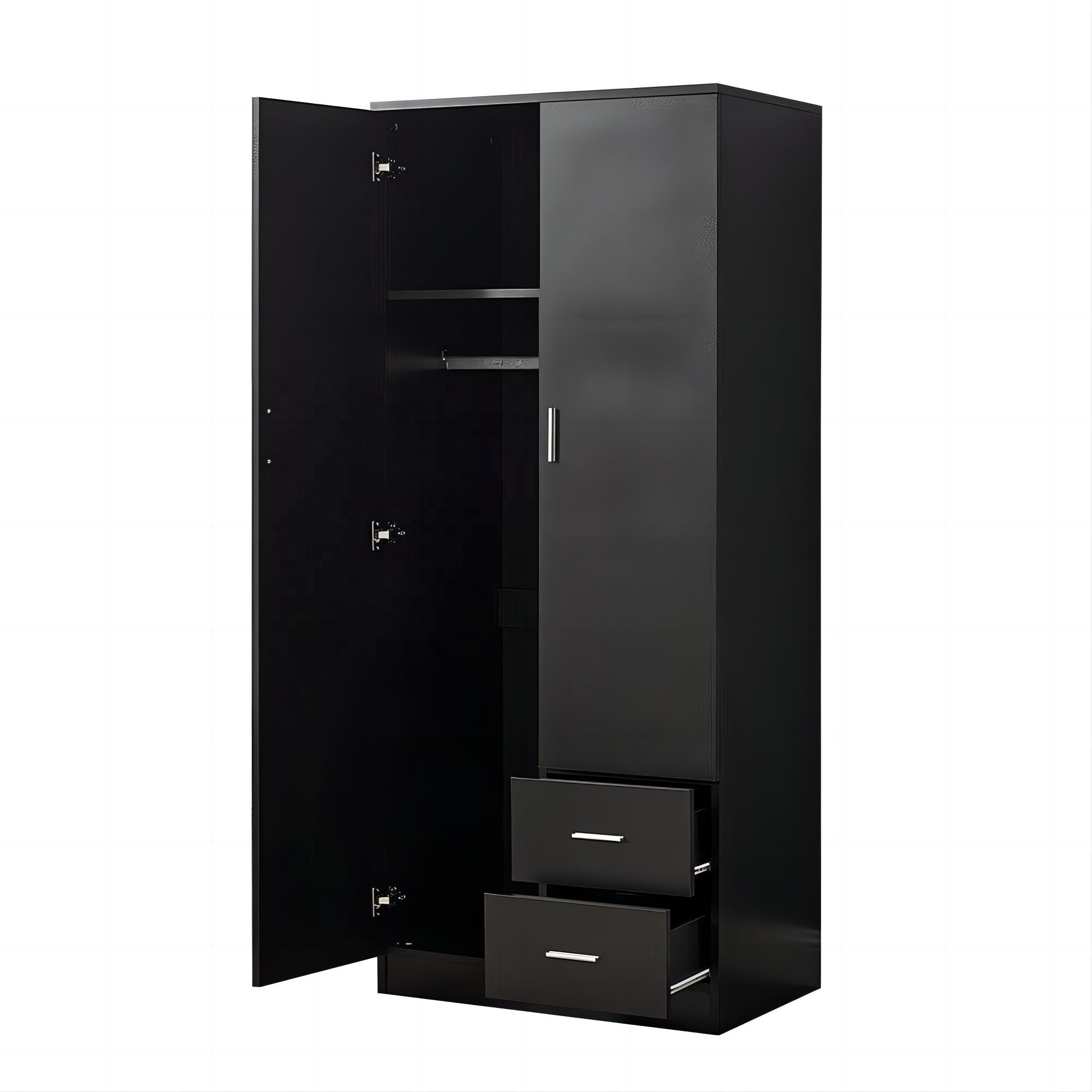 Bedroom Furniture 2 Door Wardrobe Matt Black Storage With Shelf Hanging Rail 2 door storage cabinet with 2 drawers