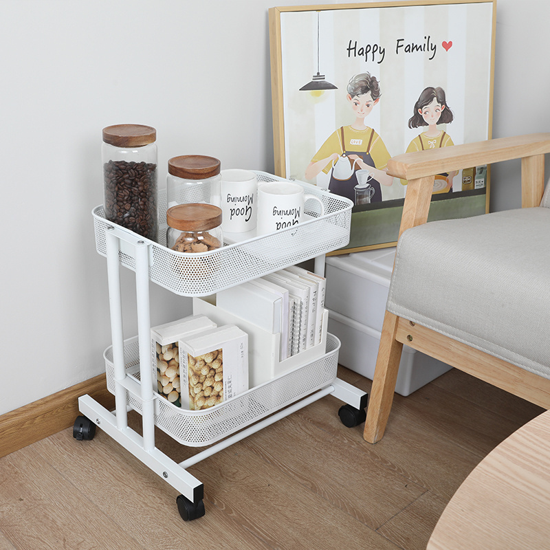 Multi-layer metal black rolling slim kitchen fruit sundries corner storage shelf rack with wire drawer utility trolley cart