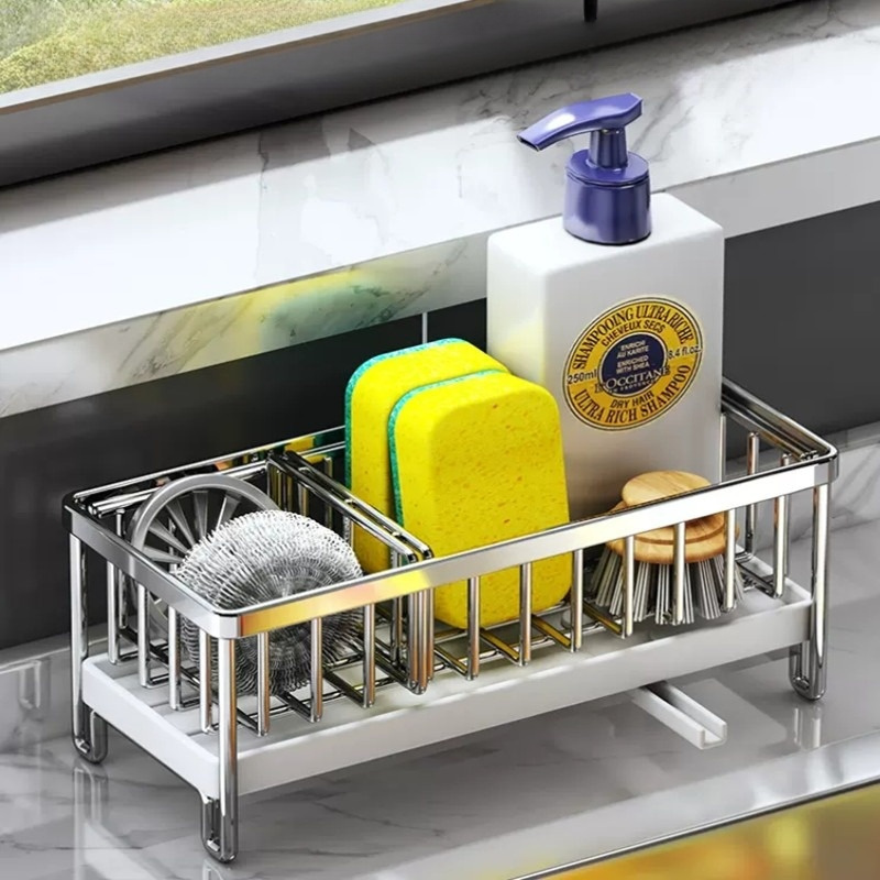 201/304 Stainless Steel Stand Sink Caddy Organizer Sponge Brush Soap Holder Rack with Drain Pan for Kitchen Sink