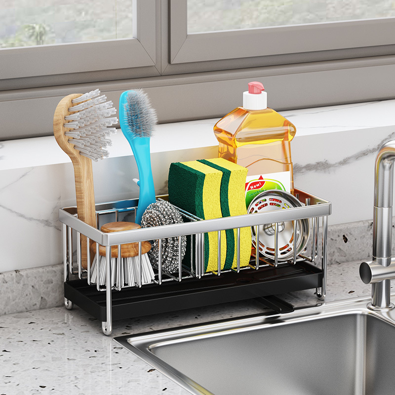 201/304 Stainless Steel Stand Sink Caddy Organizer Sponge Brush Soap Holder Rack with Drain Pan for Kitchen Sink