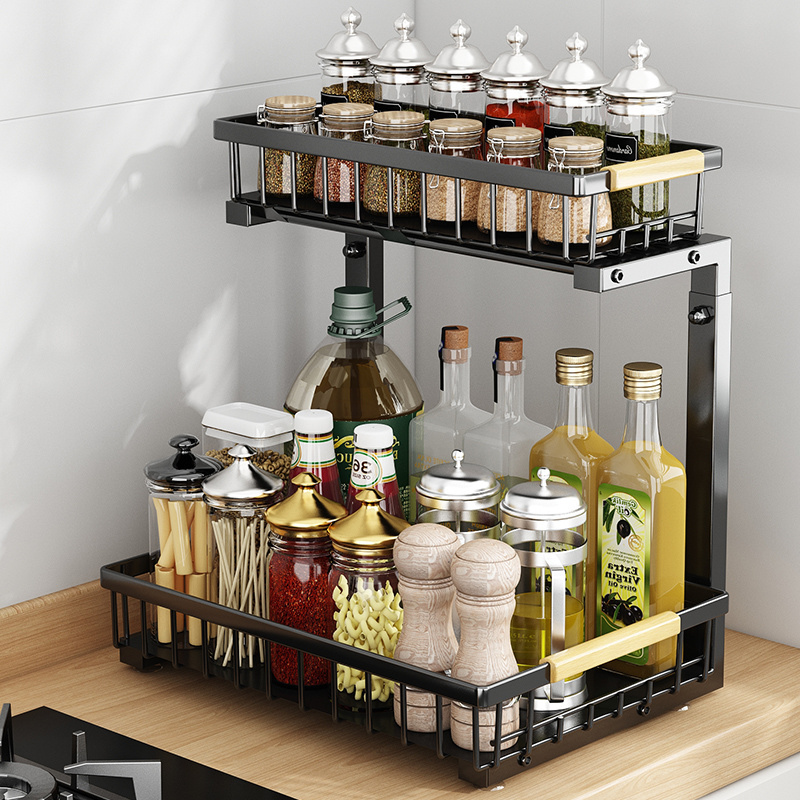 Metal Pull Out Cabinet Organizer Adjustable 2 Tier Sliding Drawer Under Bathroom Sink Storage Shelf Spice Rack