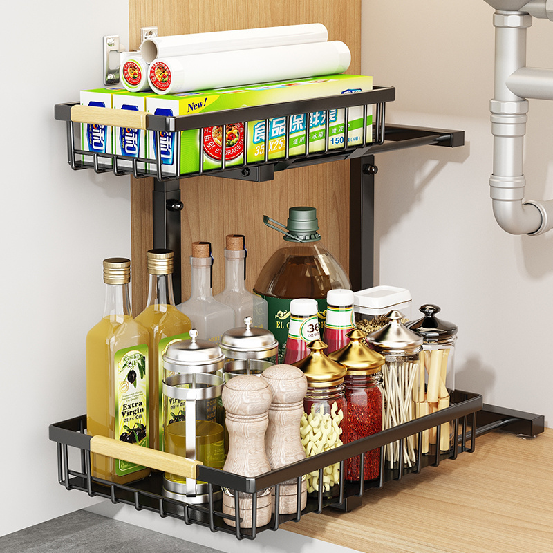 Metal Pull Out Cabinet Organizer Adjustable 2 Tier Sliding Drawer Under Bathroom Sink Storage Shelf Spice Rack