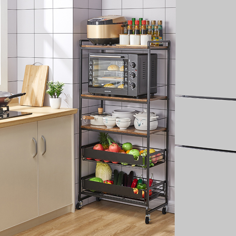 5-Tier metal utility microwave oven rack standing baker's rack kitchen trolley cart on wheels with mesh wire drawer