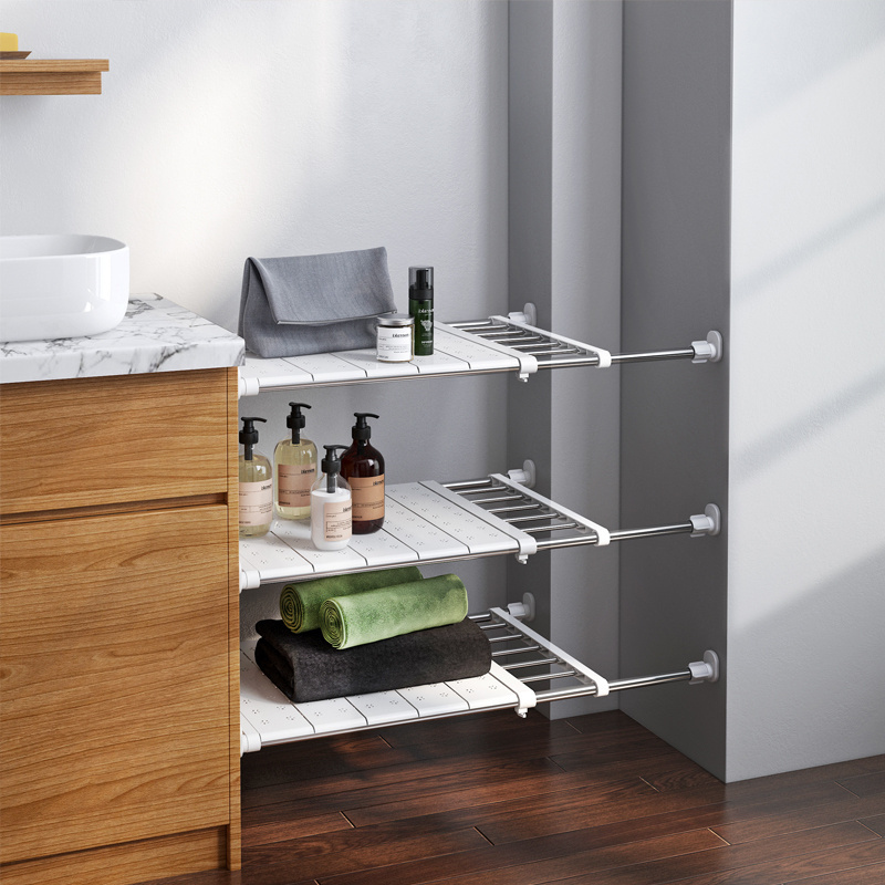 DIY expandable steel storage rack adjustable organizer closet tension shelf rod for cabinet wardrobe kitchen bathroom