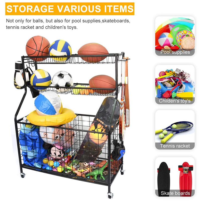 3-Tier Metal Garage Sports Equipment Organizer, Ball Storage Rack, Sports Gear Basketball Storage with Baskets and Hooks