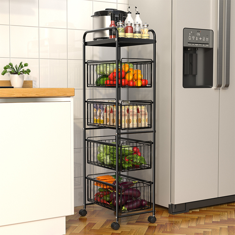 Wholesale multi-layer Kitchen Metal Rolling Storage Craft Rack Shelf with drawer Basket and Wheels for bathroom living room