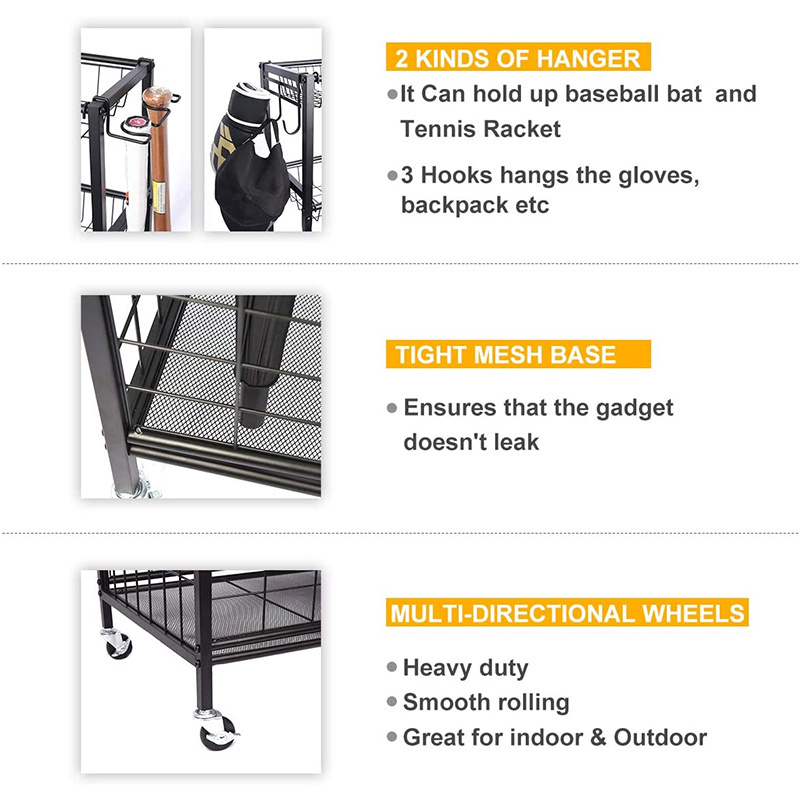 3-Tier Metal Garage Sports Equipment Organizer, Ball Storage Rack, Sports Gear Basketball Storage with Baskets and Hooks