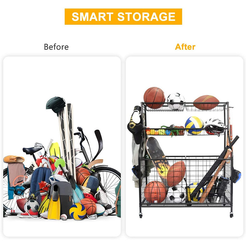 3-Tier Metal Garage Sports Equipment Organizer, Ball Storage Rack, Sports Gear Basketball Storage with Baskets and Hooks