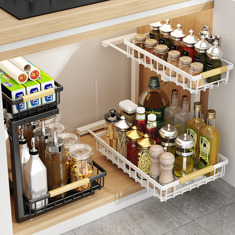 2 Tier Metal Spice Kitchen Rack Pull Out Sliding Shelf Bathroom Under Sink Organizer For Kitchen Cabinet Storage Drawer