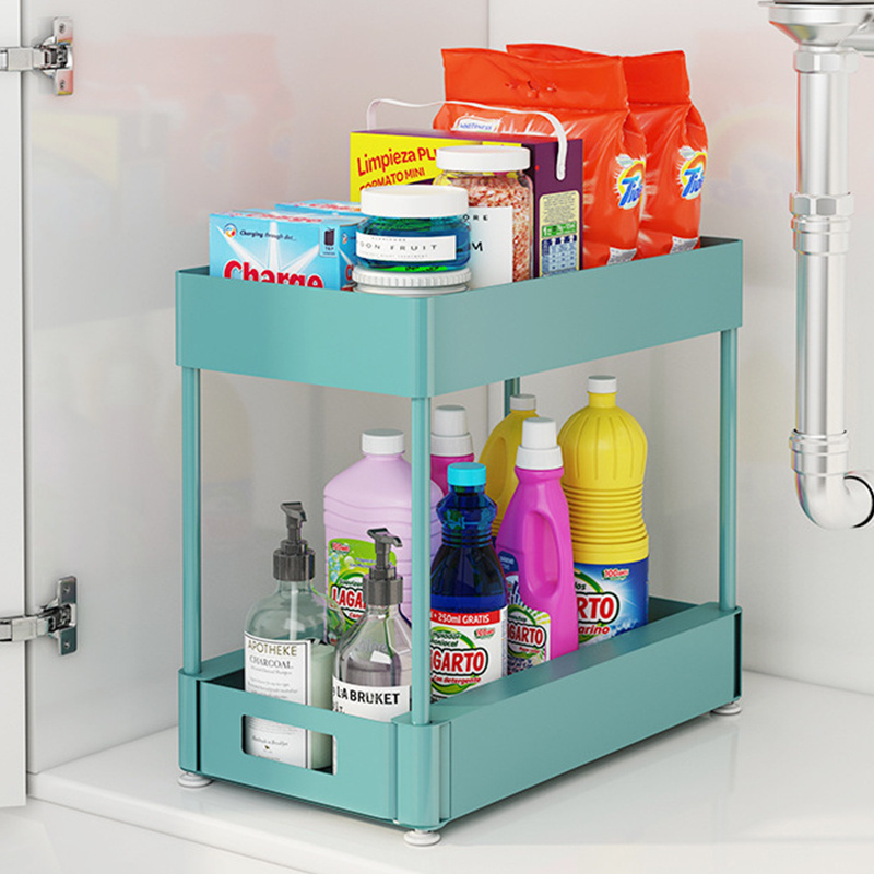 Home and Kitchen 2 Tier Pull Out Organizers Bathroom Collection Baskets Under Sink Storage Shelf Organizer Rack with Hooks