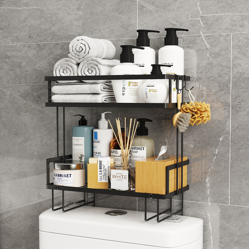 Wall mounted 2 tier metal utility corner bathroom organizer over the toilet storage shelf with paper holder